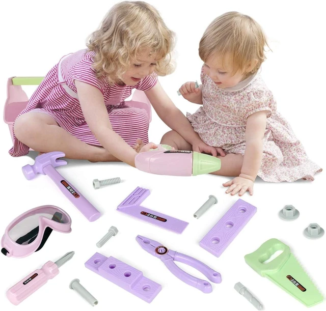 Alt view image 6 of 7 - EP EXERCISE N PLAY 18 Pieces Kids Tool Set Pretend Play Construction Tool Accessories with a Tool Box Including Toy Electric Drill (Pink)