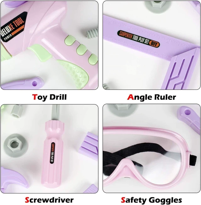 Alt view image 5 of 7 - EP EXERCISE N PLAY 18 Pieces Kids Tool Set Pretend Play Construction Tool Accessories with a Tool Box Including Toy Electric Drill (Pink)