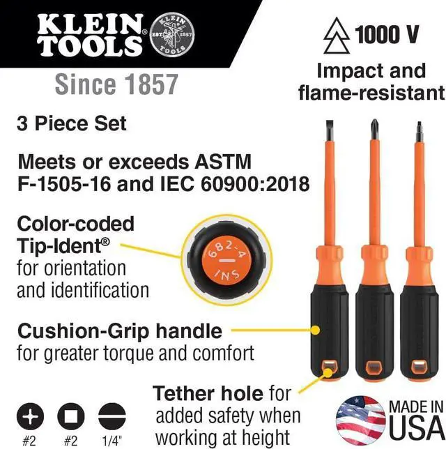 Alt view image 2 of 7 - 85073INS Insulated Screwdriver Set Made in USA features 1000V Phillips Slotted and Square Tips Cushion Grip Handles 3-Piece