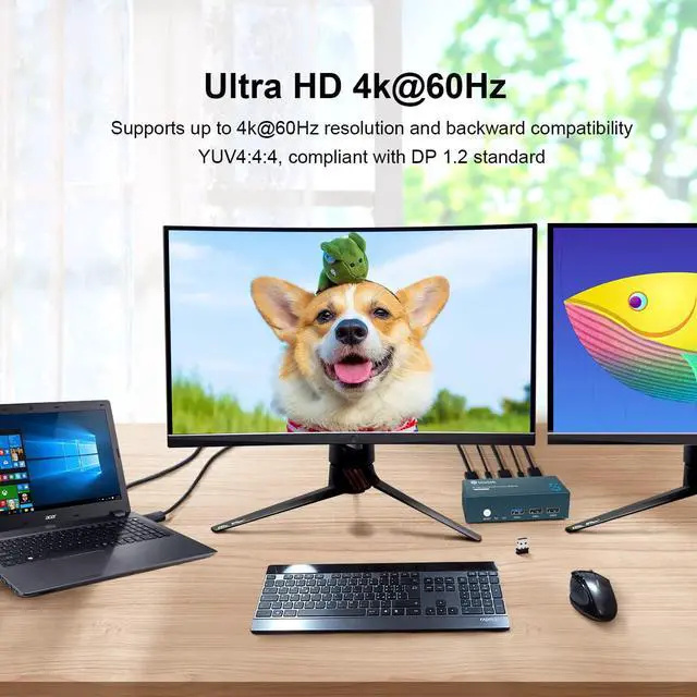 Alt view image 4 of 7 - Steetek USB 3.0 Displayport KVM Switch Dual Monitor, 4K@60Hz 2 Monitors 2 Computers DP KVM Switch, 2 in 2 Out Displayport kvm with USB 3.0 Port, Button Switch, with 4 DP and 2 USB 3.0 Cables