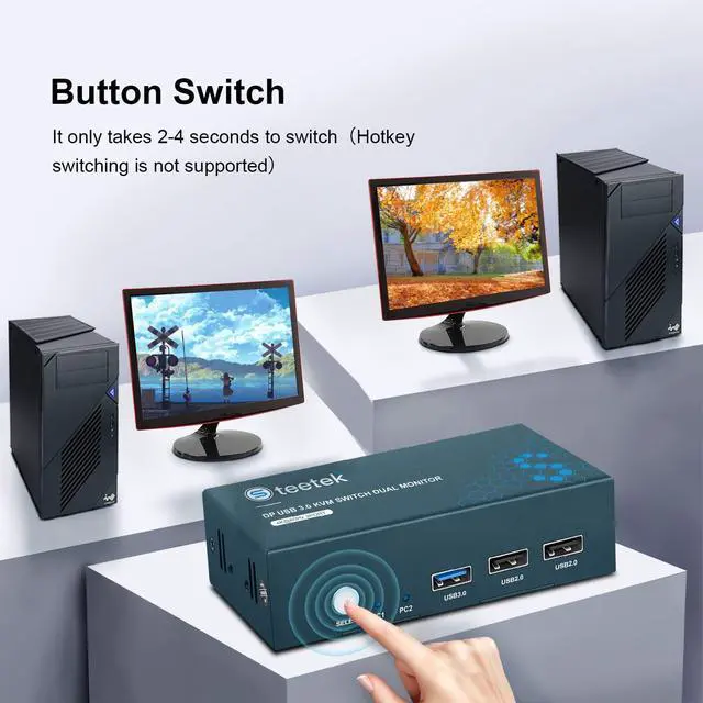 Alt view image 6 of 7 - Steetek USB 3.0 Displayport KVM Switch Dual Monitor, 4K@60Hz 2 Monitors 2 Computers DP KVM Switch, 2 in 2 Out Displayport kvm with USB 3.0 Port, Button Switch, with 4 DP and 2 USB 3.0 Cables