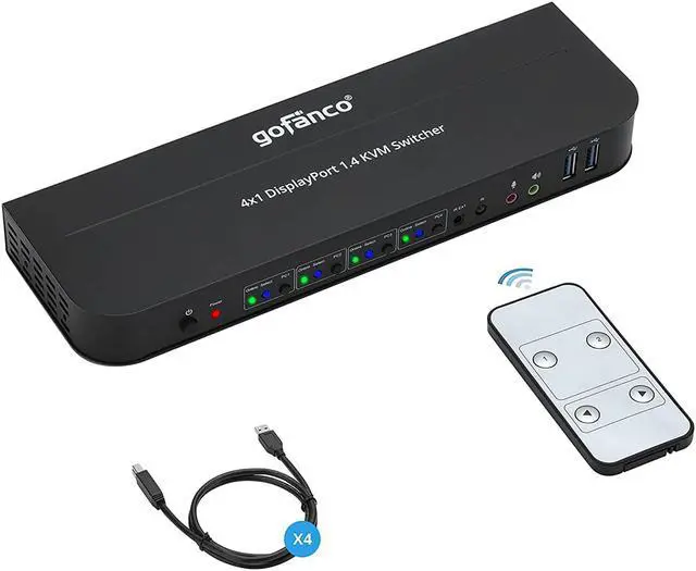 Main image of gofanco 4 Port DisplayPort KVM Switch with USB 3.0  DisplayPort 1.4, 4K @60Hz 4:4:4, HDR, HDCP 2.2/1.4, USB Keyboard/Mouse, USB 3.0 Hub, MIC in, Stereo Out, IR Remote, Hotkeys (KVMDP-4P)