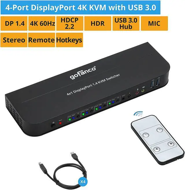 Alt view image 2 of 7 - gofanco 4 Port DisplayPort KVM Switch with USB 3.0  DisplayPort 1.4, 4K @60Hz 4:4:4, HDR, HDCP 2.2/1.4, USB Keyboard/Mouse, USB 3.0 Hub, MIC in, Stereo Out, IR Remote, Hotkeys (KVMDP-4P)