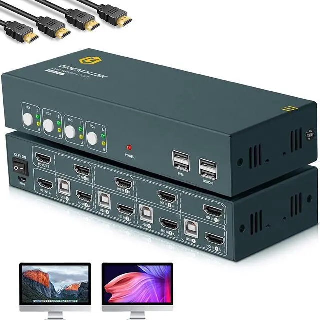 Main image of KVM Switch 4 Computers Dual Monitors, 4 Port KVM Switch HDMI 4K@60Hz, KVM Switches USB 2.0, KVM Switch HDMI 4 Port, Button Switch and Hotkey Switch, Plug and Play, KVM Switch 4 Computers 2 Monitors