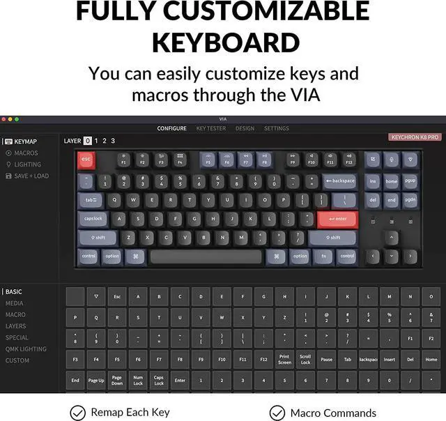 Alt view image 3 of 7 - Keychron K8 Pro Wireless Custom Mechanical Keyboard, QMK/VIA Programmable Bluetooth/Wired RGB Backlight Tenkeyless with Hot-swappable Gateron G Pro Red Switch Compatible with Mac Windows Linux