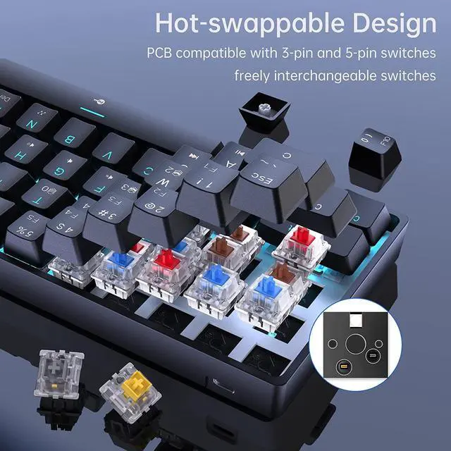 Alt view image 3 of 7 - DIERYA DK61E Mechanical Gaming Keyboard, 60% Percent w/Hot-swappable PBT Keycap, Full Keys Programmable, N-Key Rollover, RGB Backlit, USB-C, Ultra-Compact Mini Wired Keyboard w/Blue Switch