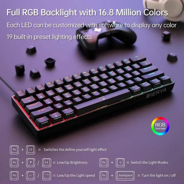 Alt view image 5 of 7 - DIERYA DK61E Mechanical Gaming Keyboard, 60% Percent w/Hot-swappable PBT Keycap, Full Keys Programmable, N-Key Rollover, RGB Backlit, USB-C, Ultra-Compact Mini Wired Keyboard w/Blue Switch