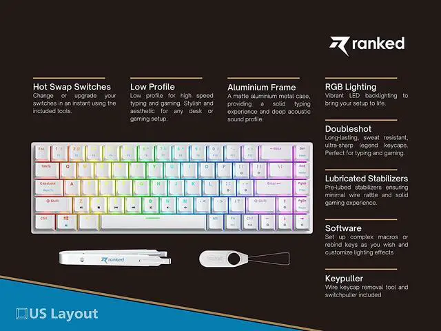 Alt view image 2 of 7 - Ranked G65 Guardian 65% | Full Aluminum Frame | Ultra Slim Hot Swappable Mechanical Gaming Keyboard | 68 Keys Multi Color RGB LED Backlit for PC/Mac Gamer (White, Gateron Low Profile Blue)