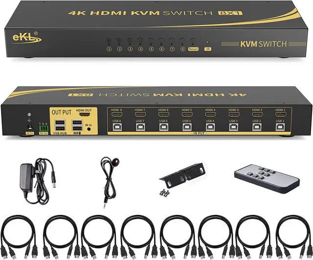 Main image of eKL KVM Switch, 8 Port v1.4 HDMI KVM Switch Supports Hotkeys Swapping 4K@30Hz 1080p 3D, 8 in 1 Out 8 PCs Sharing with One Set of Keyboard and Mouse