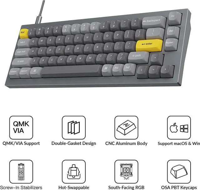 Alt view image 2 of 7 - Keychron Q2 Wired Custom Mechanical Keyboard, QMK/VIA Programmable Macro, Full Aluminum, Hot-Swappable Gateron G Pro Brown Switch, 65% Layout Double Gasket Compatible with Mac and Windows - Grey