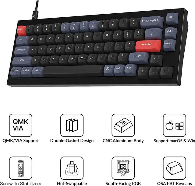 Alt view image 3 of 7 - Keychron Q2 Wired Custom Mechanical Keyboard, QMK/VIA Programmable Macro, Full Aluminum, Hot-Swappable Gateron G Pro Brown Switch, 65% Layout Double Gasket Compatible with Mac and Windows - Black