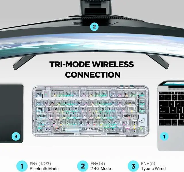 Alt view image 2 of 7 - coolkiller Mechanical Keyboard, Rechargeable Wireless Gaming Keyboard with RGB Backlit, Hot Swappable Keyboard with Gasket Structures for Windows/Mac, 75% Design, CK75 (White, Ice Switches)