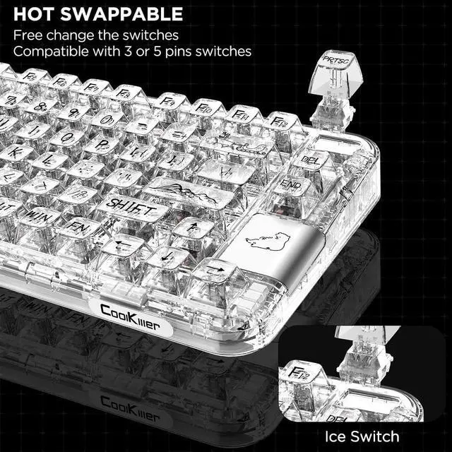 Alt view image 3 of 7 - coolkiller Mechanical Keyboard, Rechargeable Wireless Gaming Keyboard with RGB Backlit, Hot Swappable Keyboard with Gasket Structures for Windows/Mac, 75% Design, CK75 (White, Ice Switches)