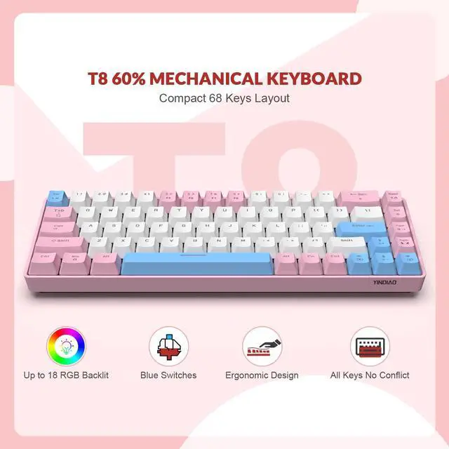 Alt view image 2 of 7 - T8 60% Gaming Keyboard,68 Keys Compact Mini Wired Mechanical Keyboard with 18 Chroma RGB Backlit,Blue Switch,USB C Coiled Keyboard Cable,for PC,Laptop,Mac,PS4,Xbox-Pink