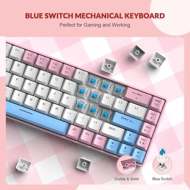 Alt view image 4 of 7 - T8 60% Gaming Keyboard,68 Keys Compact Mini Wired Mechanical Keyboard with 18 Chroma RGB Backlit,Blue Switch,USB C Coiled Keyboard Cable,for PC,Laptop,Mac,PS4,Xbox-Pink