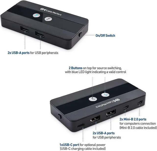 Alt view image 2 of 7 - Cable Matters USB 2.0 Switch Hub USB Sharing Switch for 2 Computers and 4 USB Peripherals - Button or Wireless Remote Control Swapping