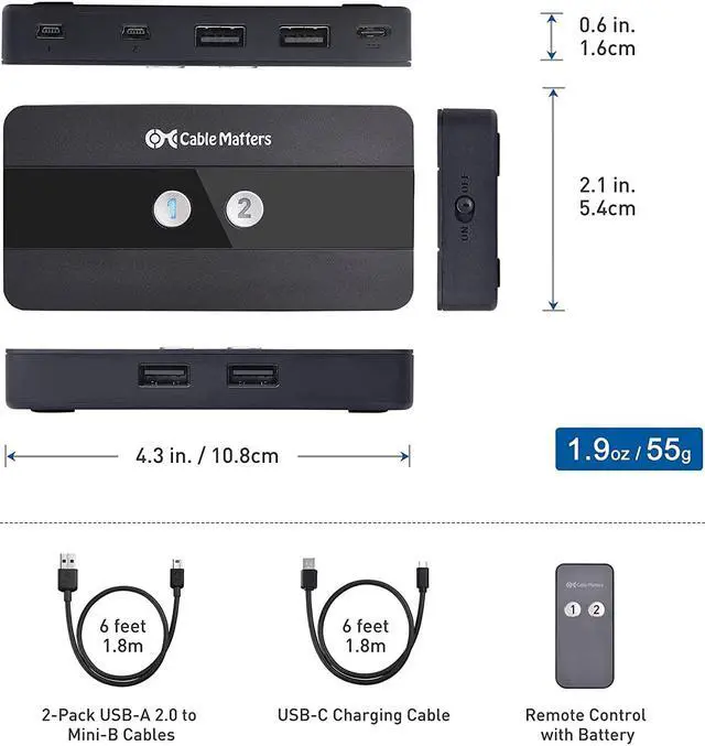 Alt view image 6 of 7 - Cable Matters USB 2.0 Switch Hub USB Sharing Switch for 2 Computers and 4 USB Peripherals - Button or Wireless Remote Control Swapping