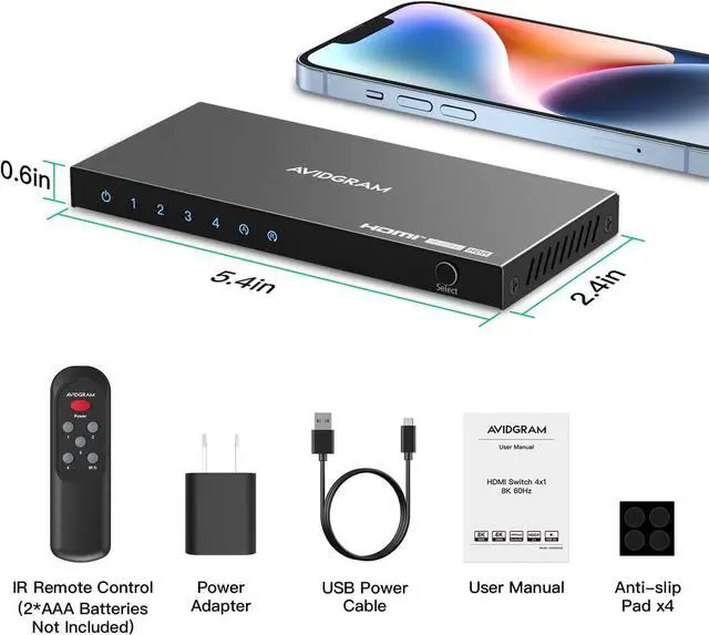 Alt view image 7 of 7 - HDMI 2.1 Switch 8K 60Hz 4:4:4, AVIDGRAM HDMI Switcher 4 in 1 Out with IR Remote, 4 Port 4K 120Hz Auto HDMI Selector Hub Support 8K 48Gbps, Compatible with Xbox Series X, PS4 Pro, PS5, UHD TV, Monitor