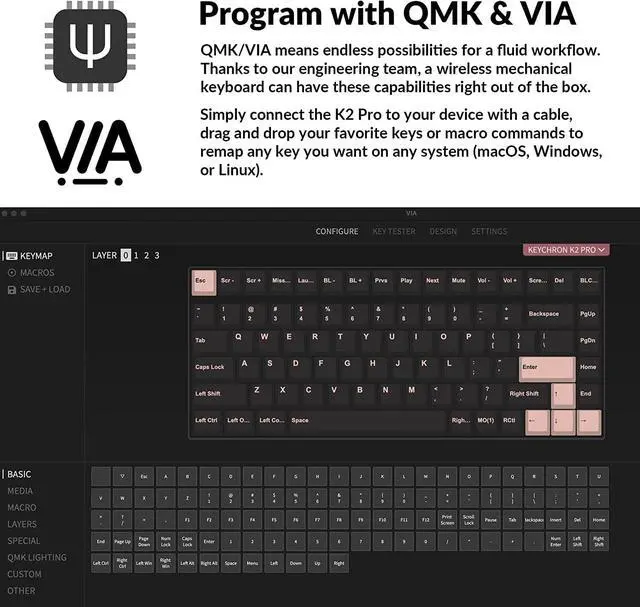 Alt view image 2 of 7 - Keychron K2 Pro QMK/VIA Wireless Mechanical Keyboard, Hot-Swappable K Pro Brown Switch with 75% Layout Custom Programmable Macro, RGB Backlight, PBT Keycaps Wired Keyboard for Mac Windows Linux