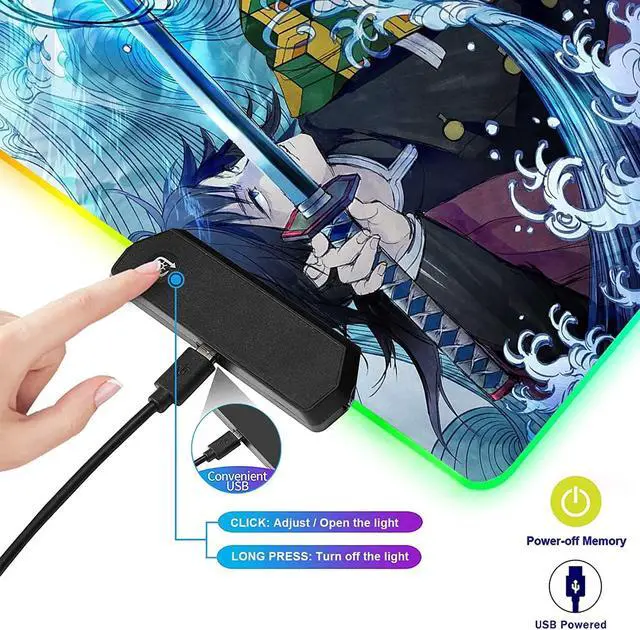 Alt view image 7 of 7 - RGB Large Gaming Mouse Pad Anime Giyu Sword Laptop Desk Pad Mousepad with Stitched Edge Frame & Non-Slip Rubber Base Computer Keyboard and Mice Pads Mouse Mat 31.5X15.7