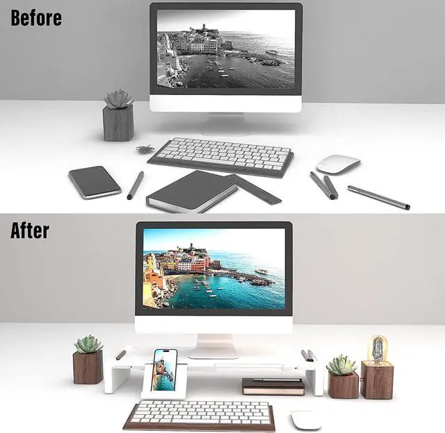 Alt view image 6 of 6 - OImaster Monitor Stand Riser, Foldable Computer Monitor Riser, Adjustable Length Computer Stand and Storage Drawer & Pen Slot, Phone Stand Compatible Computer, Desktop, Laptop, Save Space (White)