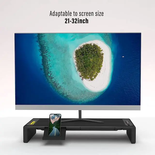 Alt view image 4 of 6 - OImaster Monitor Stand Riser, Foldable Computer Monitor Riser, Adjustable Length Computer Stand and Storage Drawer & Pen Slot, Phone Stand Compatible Computer, Desktop, Laptop, Save Space (Black)