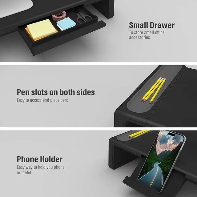 Alt view image 3 of 6 - OImaster Monitor Stand Riser, Foldable Computer Monitor Riser, Adjustable Length Computer Stand and Storage Drawer & Pen Slot, Phone Stand Compatible Computer, Desktop, Laptop, Save Space (Black)