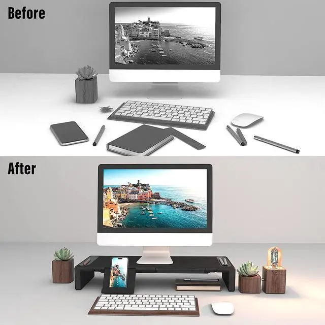 Alt view image 6 of 6 - OImaster Monitor Stand Riser, Foldable Computer Monitor Riser, Adjustable Length Computer Stand and Storage Drawer & Pen Slot, Phone Stand Compatible Computer, Desktop, Laptop, Save Space (Black)