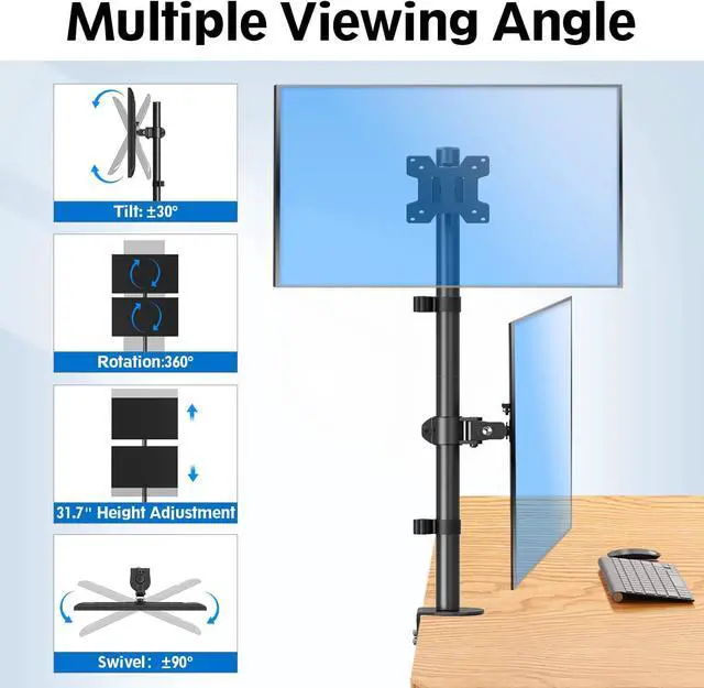 Alt view image 3 of 7 - MOUNTUP Dual Monitor Stand, Vertical Monitor Mount for 2 Max 32 inch Stack Screen Monitors, Height Adjustable, Swivel, Tilt Monitor Desk Mount with C Clamp Grommet Base, MU3004