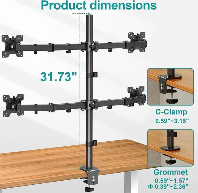 Alt view image 3 of 7 - MOUNT PRO Quad Monitor Stand, 4 Monitor Mount for 13 to 32 inch Computer Screens, Hold up to 17.6lbs Each, Fully Adjustable Stacked 4 Desk Arm, VESA Mount, C clamp/Grommet Base