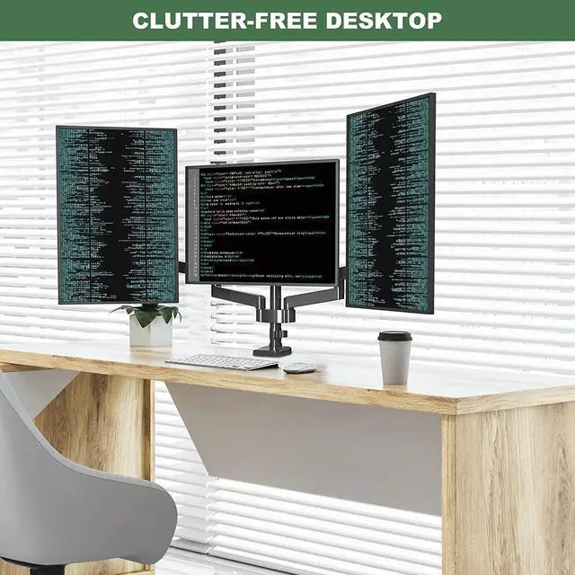 Alt view image 2 of 7 - Triple Monitor Mount, 3 Monitor Desk Stand for Three Flat/Curved Computer Screens Up to 27, Heavy Duty Gas Spring Monitor Arms Hold up to 17.6lbs Each, Fully Adjustable, VESA 75x75/100x100