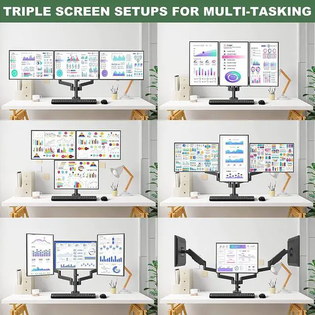 Alt view image 4 of 7 - Triple Monitor Mount, 3 Monitor Desk Stand for Three Flat/Curved Computer Screens Up to 27, Heavy Duty Gas Spring Monitor Arms Hold up to 17.6lbs Each, Fully Adjustable, VESA 75x75/100x100