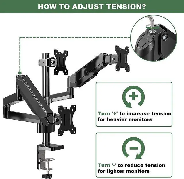 Alt view image 6 of 7 - Triple Monitor Mount, 3 Monitor Desk Stand for Three Flat/Curved Computer Screens Up to 27, Heavy Duty Gas Spring Monitor Arms Hold up to 17.6lbs Each, Fully Adjustable, VESA 75x75/100x100