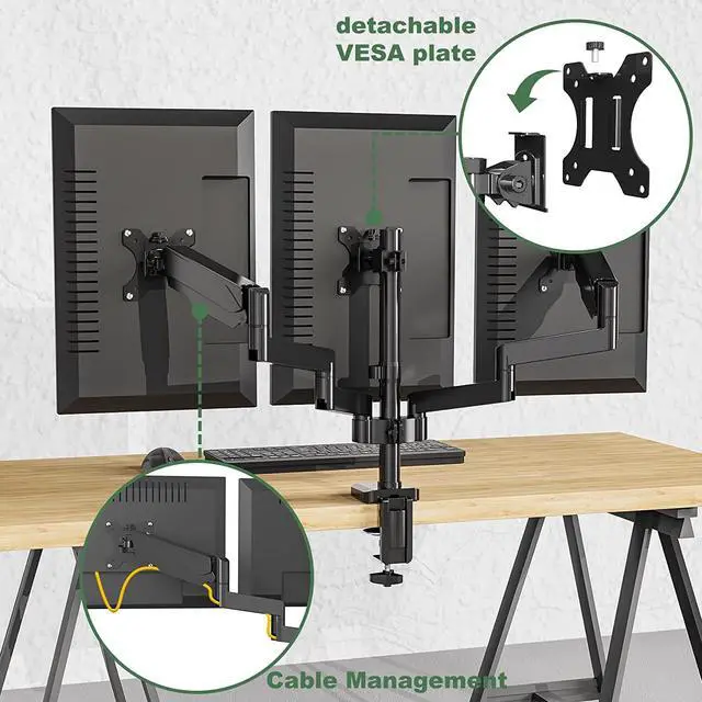 Alt view image 7 of 7 - Triple Monitor Mount, 3 Monitor Desk Stand for Three Flat/Curved Computer Screens Up to 27, Heavy Duty Gas Spring Monitor Arms Hold up to 17.6lbs Each, Fully Adjustable, VESA 75x75/100x100