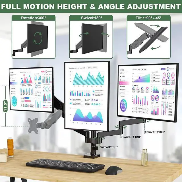 Alt view image 5 of 7 - Triple Monitor Mount, 3 Monitor Desk Stand for Three Flat/Curved Computer Screens Up to 27, Heavy Duty Gas Spring Monitor Arms Hold up to 17.6lbs Each, Fully Adjustable, VESA 75x75/100x100