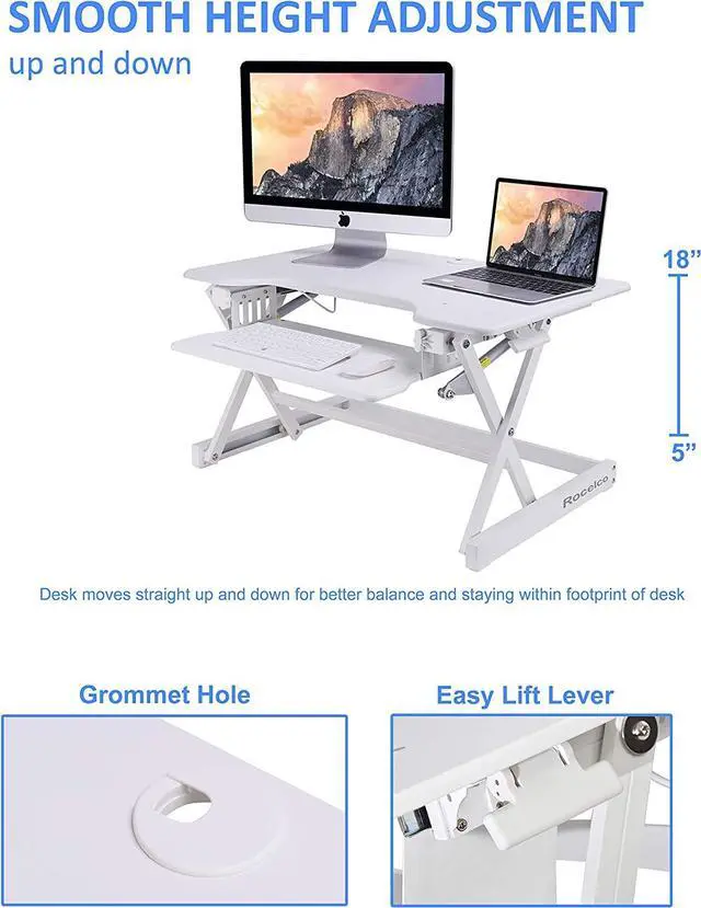 Alt view image 2 of 7 - Rocelco 32" Height Adjustable Standing Desk Converter - Sit Stand Computer Workstation Riser - Dual Monitor Retractable Keyboard Tray Gas Spring Assist - Black (R EADRW)