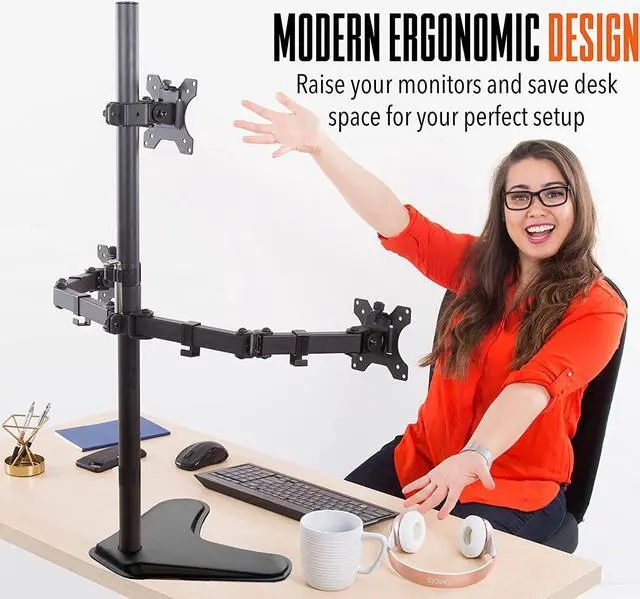 Alt view image 5 of 7 - Stand Steady Triple Monitor Desk Stand with Tabletop Base, for Home or Office Use, Height Adjustable Computer Monitor Stand with Full Articulation VESA Mounts, Fits Most LCD/LED Monitors 13-32 Inches