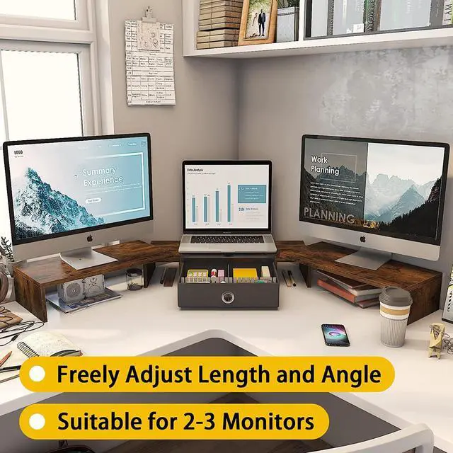 Alt view image 2 of 7 - WESTREE Triple Dual Monitor Stand Riser with Drawer,Extra Large Adjustable for 2~3 Monitors,Solt for Phone & Tablet, Desktop Organizer Stand for Computer,Laptop,Printer,TV