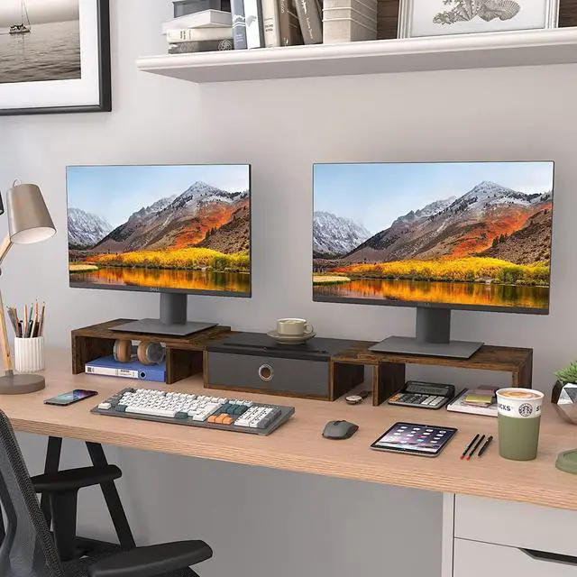 Alt view image 4 of 7 - WESTREE Triple Dual Monitor Stand Riser with Drawer,Extra Large Adjustable for 2~3 Monitors,Solt for Phone & Tablet, Desktop Organizer Stand for Computer,Laptop,Printer,TV