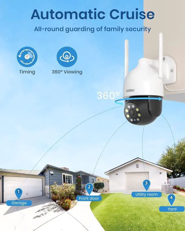Alt view image 3 of 7 - AOSU 2K Security Cameras Outdoor/Home, 360°Pan-Tilt View Timed Cruise 2.4G WiFi Security Camera with Motion Tracking, Spotlight & Siren, 2-Way Audio, Full Color Night Vision, Waterproof