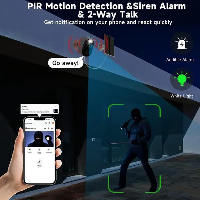 Alt view image 3 of 7 - Security Cameras Wireless Outdoor - 2K Solar Powered Security Camera AI Motion Detection Audio WiFi Camera,Home Security,3MP Color Night Vision,IP66 Waterproof,PIR Alarm,2-Way Speak,SD/Cloud