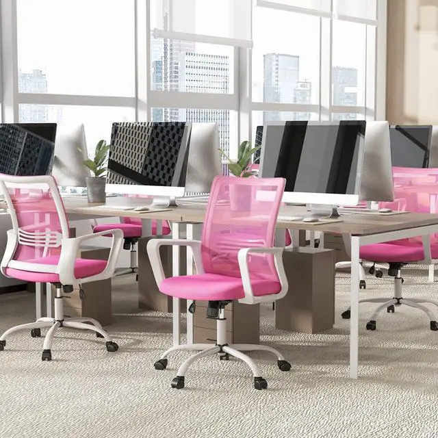 Alt view image 6 of 7 - Office Chair, Home Office Desk Chairs, Swivel Desk Chair with Wheels Student Roller Chair for College Study Mesh Task Chair Ergonomic Mid Back for Adults Work, Pink