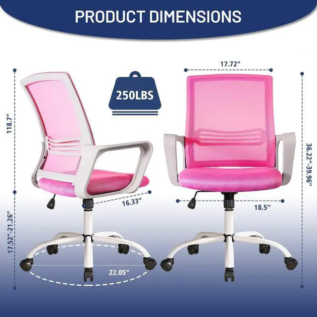 Alt view image 5 of 7 - Office Chair, Home Office Desk Chairs, Swivel Desk Chair with Wheels Student Roller Chair for College Study Mesh Task Chair Ergonomic Mid Back for Adults Work, Pink