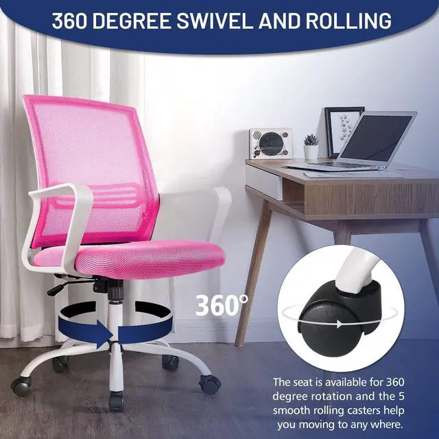 Alt view image 4 of 7 - Office Chair, Home Office Desk Chairs, Swivel Desk Chair with Wheels Student Roller Chair for College Study Mesh Task Chair Ergonomic Mid Back for Adults Work, Pink