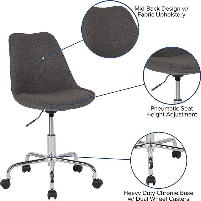 Alt view image 6 of 7 - Flash Furniture Aurora Series Mid-Back Dark Gray Fabric Task Office Chair with Pneumatic Lift and Chrome Base