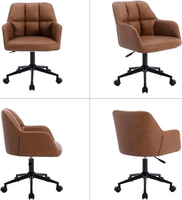 Alt view image 6 of 7 - Modern PU Leather Office Chair, Height Adjustable Comfy Desk Chair with Wheels, 18.3 Wide Swivel Armchair for Living Room Home Office Computer, Brown