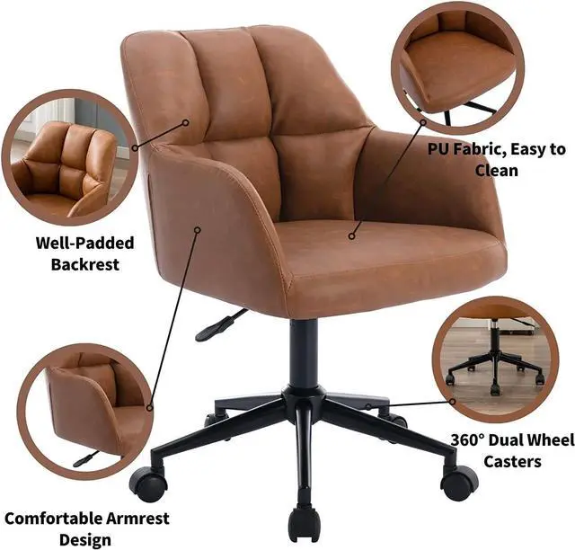 Alt view image 4 of 7 - Modern PU Leather Office Chair, Height Adjustable Comfy Desk Chair with Wheels, 18.3 Wide Swivel Armchair for Living Room Home Office Computer, Brown
