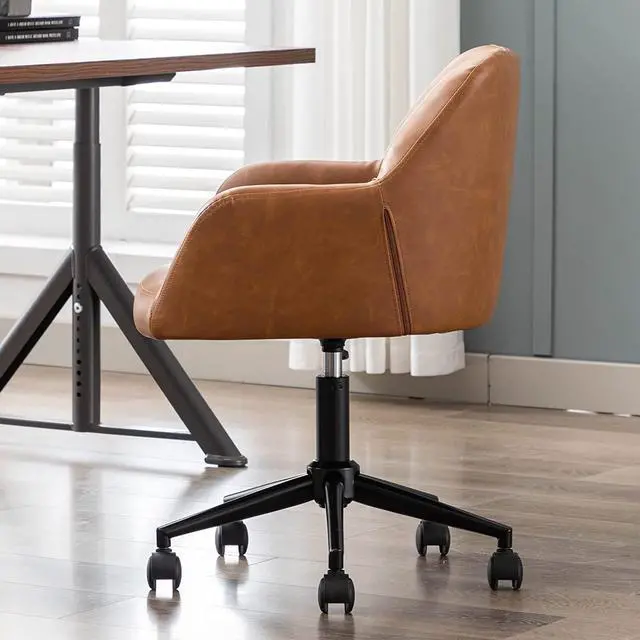 Alt view image 5 of 7 - Modern PU Leather Office Chair, Height Adjustable Comfy Desk Chair with Wheels, 18.3 Wide Swivel Armchair for Living Room Home Office Computer, Brown