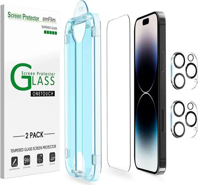 Main image of amFilm 2 Pack Tempered Glass Screen Protector + Camera Lens Protector for iPhone 14 Pro Max 6.7 Inch. Easy OneTouch Installation, Auto-Alignment, Bubble Free, Case Friendly, Anti-Scratch