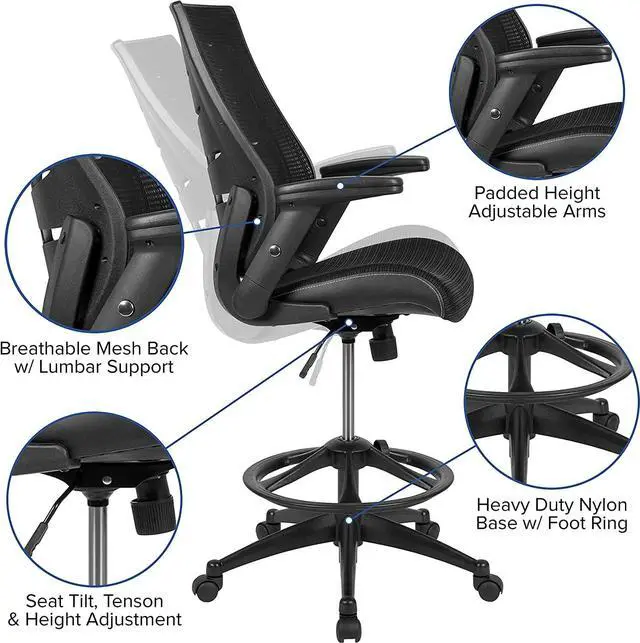 Alt view image 4 of 7 - Flash Furniture Kale High-Back Ergonomic Mesh Office Chair with Flip-Up Arms and Adjustable Foot Ring, Spine-Back Tall Executive Swivel Chair, Black
